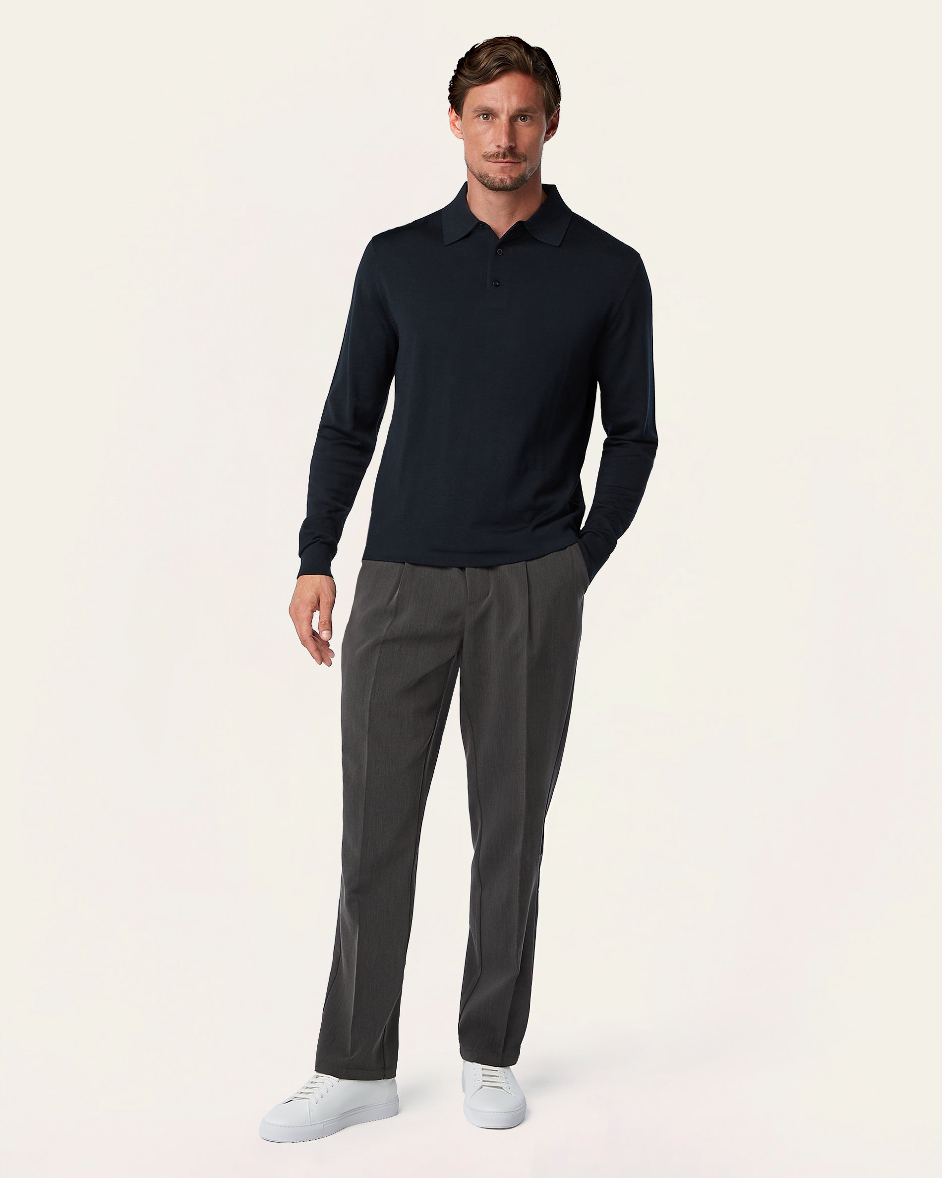 Knitted Long-sleeve Polo Navy