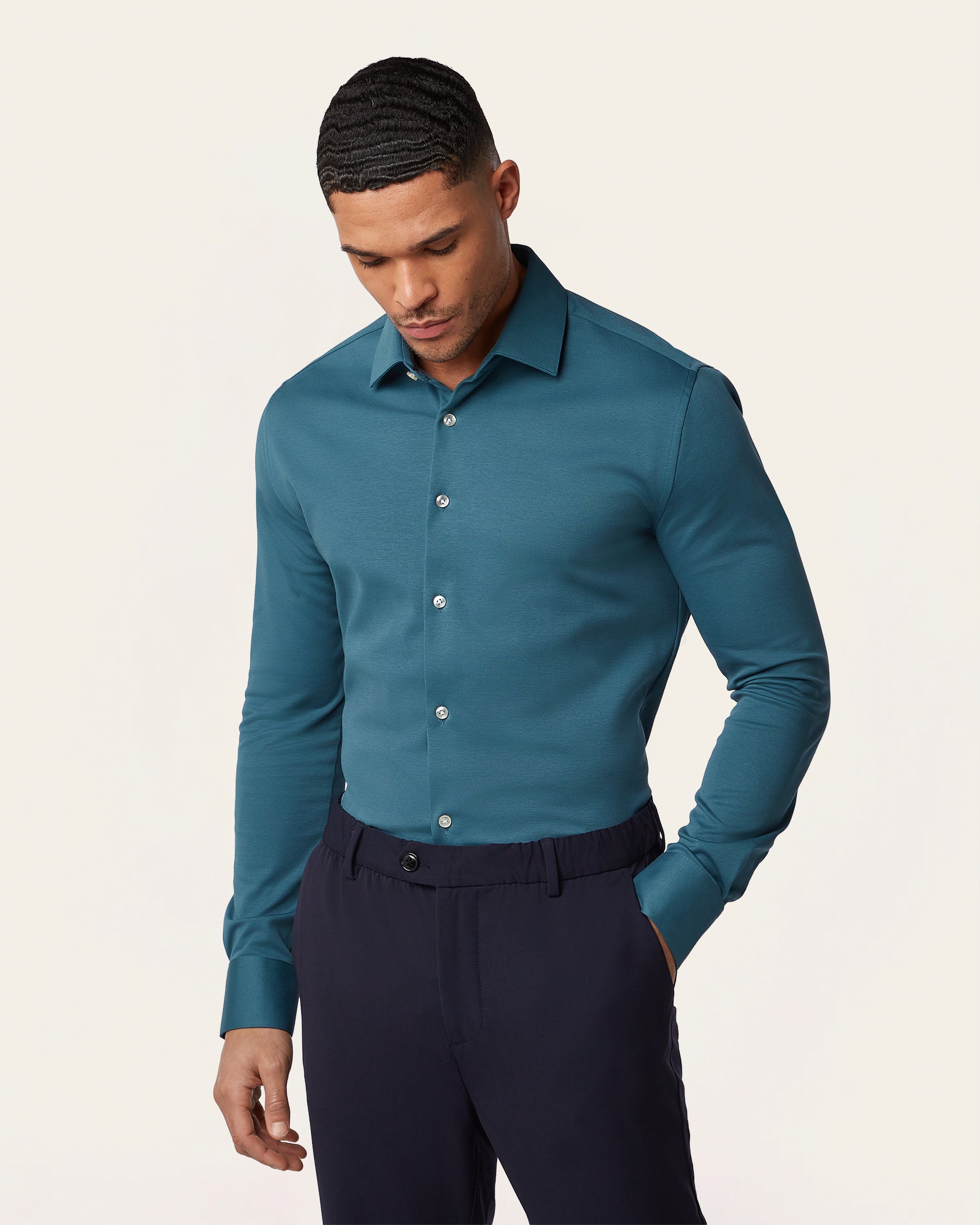 Knitted non-iron shirt Teal Blue
